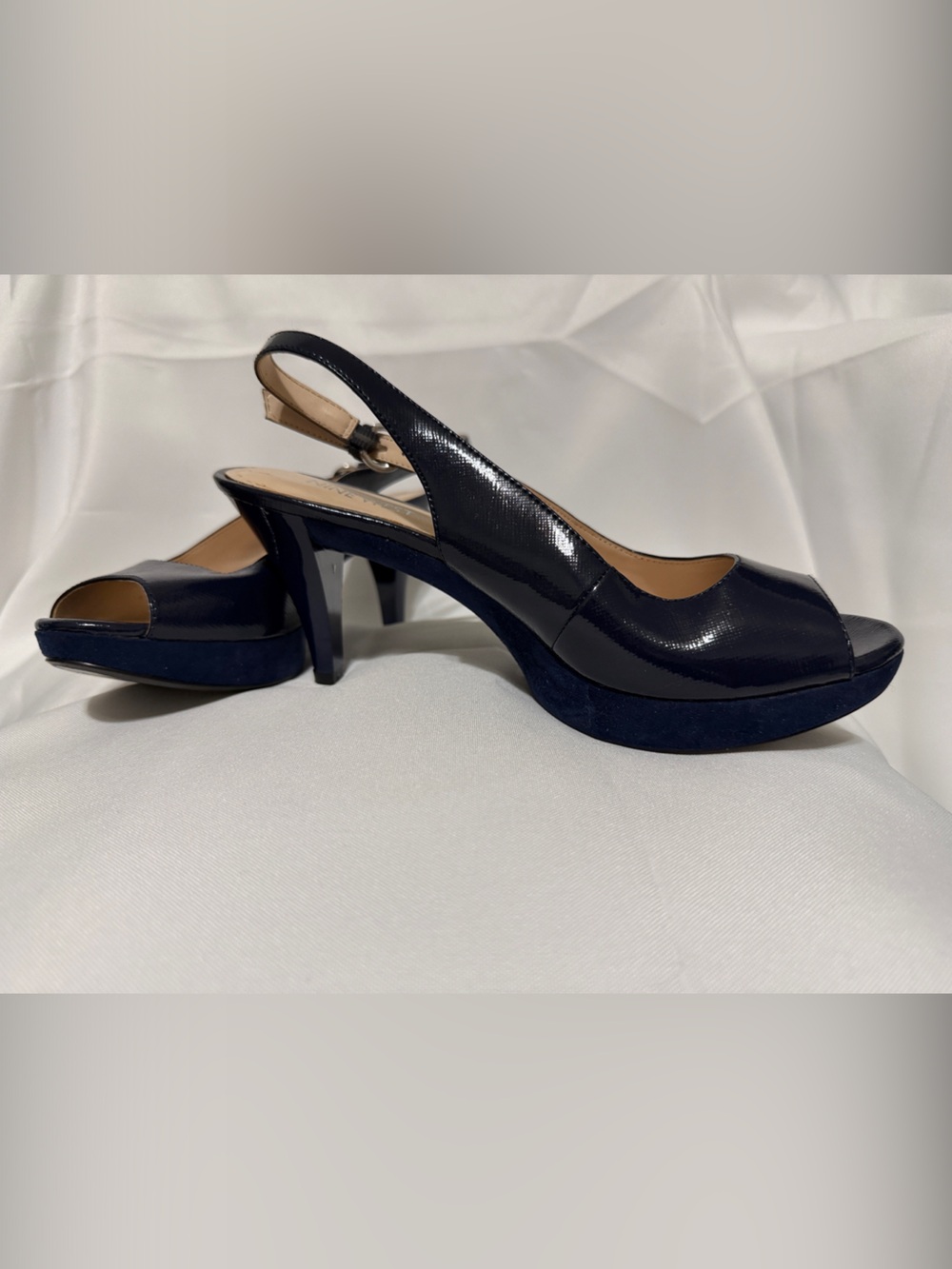 Nine West Navy Patent Peep-Toe Slingback Heels